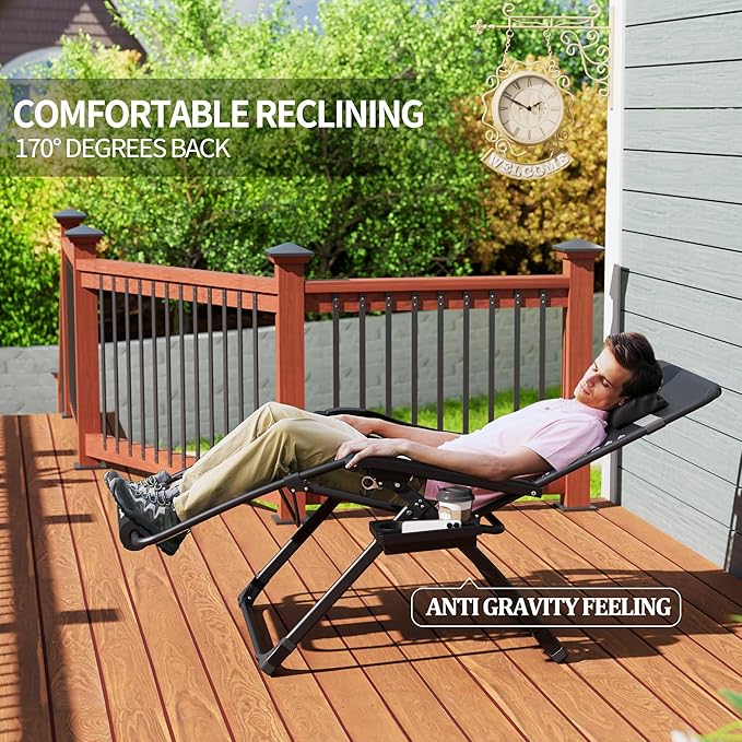 UDPATIO Oversized Zero Gravity Chair Set of 2, 29In XL Patio Reclining Chair with Cushion, Outdoor Folding Recliner with Pillows|Cup Holder|Foot Rest|Padded Headrest, Brown, Support 500LB UDPATIO
