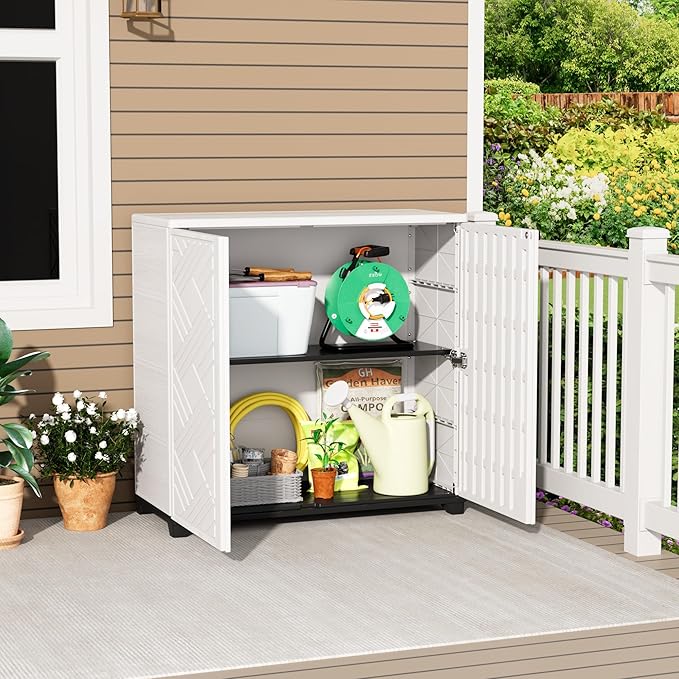 Storage Box Outdoor Caninet,Resin Indoor Storage Box Waterproof,Outdoor Storage Cabinets for Patio/Garden/Backyard(with 1 Shelf)-White Mrosaa