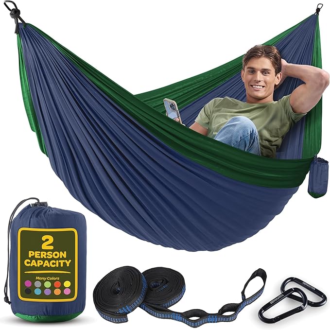 Durable Hammock 500 lb Capacity, Nylon Camping Hammock Chair - Double or Single Sizes w/Tree Straps and Attached Carry Bag - for Travel/Backpacking/Beach/Backyard (Large, Dark Blue & Forest Green) Sewanta