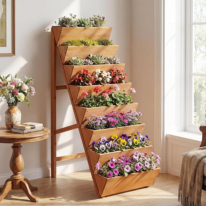 Giantex 8-Tier Wooden Vertical Raised Garden Bed, Freestanding Plant Stand with Legs for Herbs Vegetables Fruits, Indoor Outdoor Tiered Wood Planter Box Flower Rack for Patio, Balcony & Yard Giantex