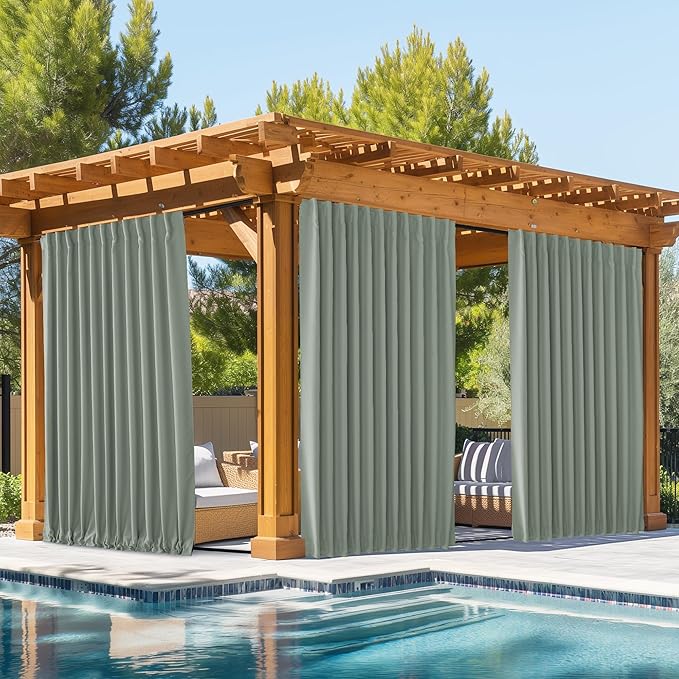 NICETOWN 2 Panels Outdoor Curtains Waterproof Pocket & Back Tab on Top & Bottom, Thermal Insulated Windproof Sun Blocking Outside Privacy Drapes for Patio with Fixed Rope, W84 x L84, Sage Green NICETOWN