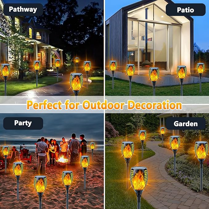4 Pack Super Larger Size Solar Flame Torch Lights with Flickering Flame, Solar Flame Lights Outdoor Waterproof for Garden Decor, Extra Bright Tiki Torches Solar Lights Outdoor for Pathway Patio Yard SANJICHA