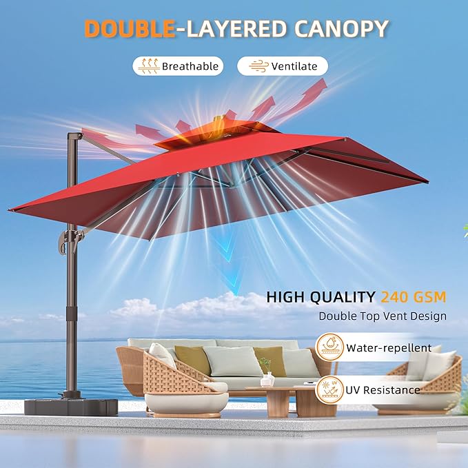 9' X 12' Cantilever Outdoor Patio Umbrellas Double Top Large Rectangle Umbrella Heavy Duty 360°Rotation Offset Umbrella for Garden Deck Pool Patio,Red ORYNTREX