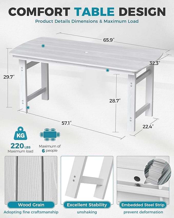 Ciokea HDPE Outdoor Dining Set, 7-Piece Patio Table and Chairs Set with Umbrella Hole, All-Weather Patio Dining Sets for 6, Durable Patio Furniture for Backyard, Garden, Lawn & Poolside, White CIOKEA