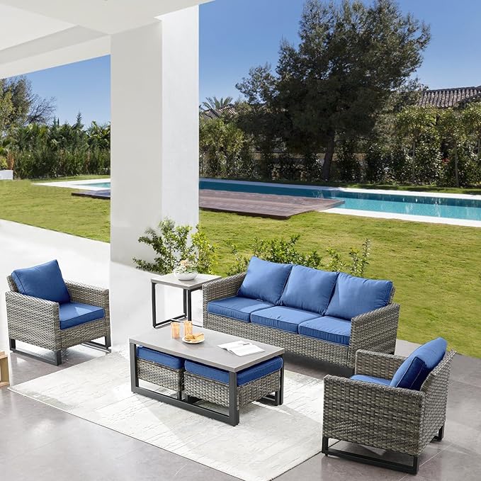 Belord 7 Piece Outdoor Furniture Patio Wicker Sofa Set, Oversize Outdoor Dining Chairs with Rattan Ottomans, Conversation Sets Patio Furniture Come with Removable Washable Cushion Blue Belord