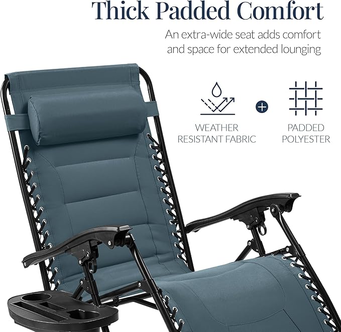 Best Choice Products Oversized Padded Zero Gravity Chair, Folding Outdoor Patio Recliner, XL Anti Gravity Lounger for Backyard w/Headrest, Cup Holder, Side Tray, Polyester Mesh - Slate Blue BestChoiceProducts