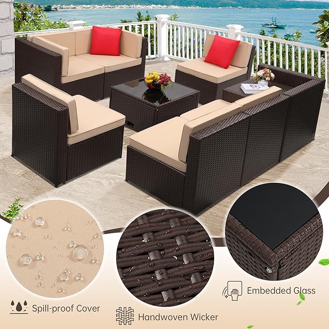 8-Piece Patio Furniture Set, Outdoor Wicker Rattan Sectional with Thick Cushions, Glass Top Table with Hidden Storage, Outdoor Conversation Set for Backyard, Porch, Patio, Beige KROFEM