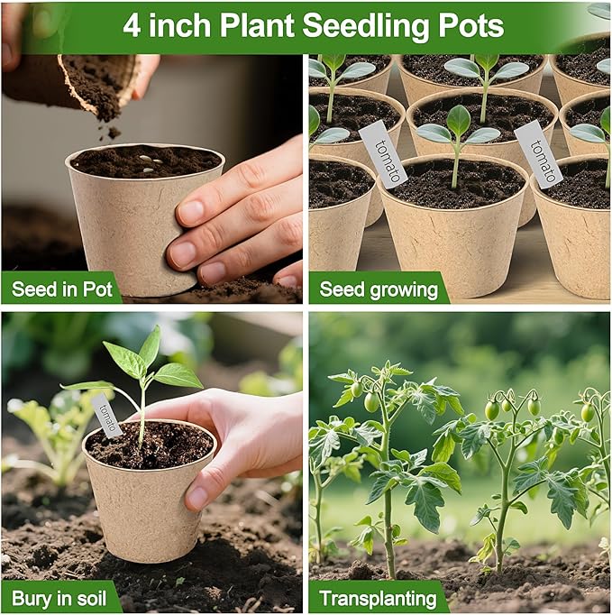 Peat Pots, 60 Pack Plant Starter Round Nursery Pot with Drainage Holes, Garden Germination Seedling Pots with 30 Plant Labels (4 Inch) ARGCONNER