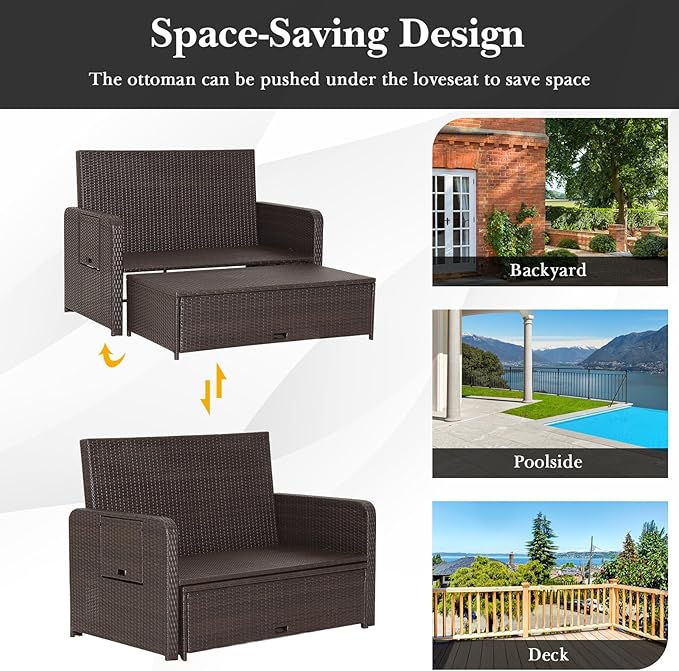 Tangkula Patio Rattan Daybed with 4-Level Adjustable Backrest, Outdoor PE Wicker Loveseat with Storage Ottoman & Folding Side Tray, Double Sunbed Lounger for Balcony, Backyard & Poolside, Black TANGKULA