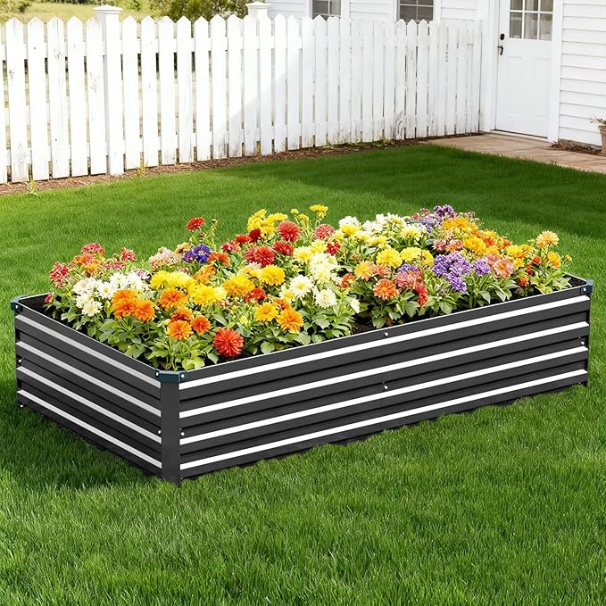 Vengarus 2 Pack 12x4x1FT Galvanized Raised Garden Bed Kit, Outdoor Metal Planter Box for Vegetables, Rectangular Steel Container, Easy Assembly (Black) Vengarus