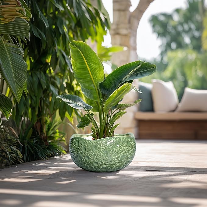 Ceramic Pots for Plants - 13 Inch Large Bonsai Pots Indoor Outdoor, Round Plant Pot with Drainage Hole, Decorative Flower Pot, Modern Unique Planters, Patio Decor, Plant Lover Gifts, Green Thirtypot