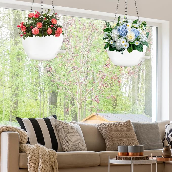 12 inch Hanging Planters for Indoor Plants, 2 Pack Self-Watering Hanging Planter Pots with Chain and Drainage Holes, Outdoor Plastic Hanging Baskets for Garden Home Decor (White, 2pcs/12inch) Rootora