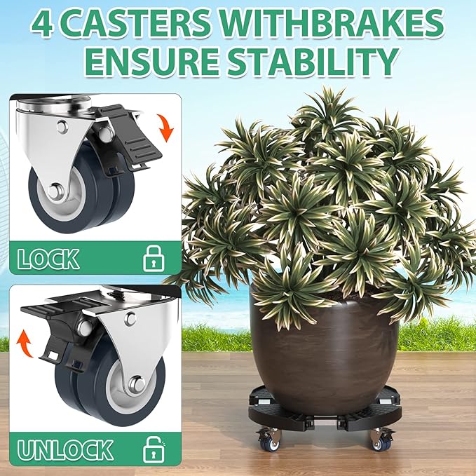 VANCASTLE Plant Caddy with Lockable Wheels Heavy Duty 450lbs Capacity, 15-22 Inch Adjustable Plant Stand with Wheels Rolling base, Plant Dolly for Flower Pot Mover Indoor Outdoor, Black, 2 Pack VANCASTLE