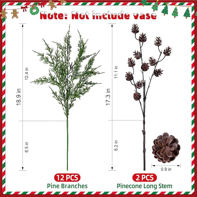 Faux Cedar Stems Artificial Norfolk Pine Branches for Christmas Decor, 12 PCS Fake Pine Stems with 2 PCS Pine Cones Branches Real Touch Realistic Faux Greenery for Vases DIY Garland Xmas Table Indoor Ivydale