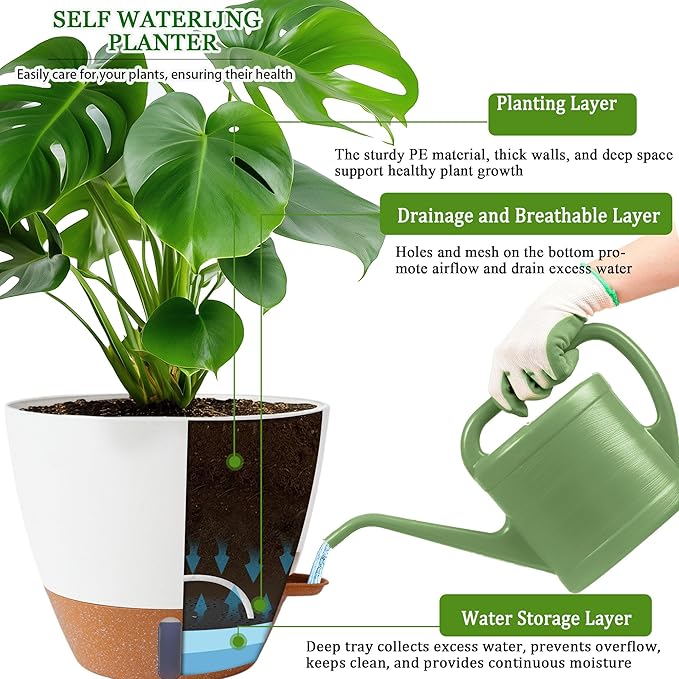 2 Pack 10 inch Plant Pots, Plastic Self Watering Planters with Drainage Holes, Deep Reservoir, Water Level Indicator, Modern Decorative Flower Pots for Indoor Outdoor Plants (White, 10 inch) Fielda