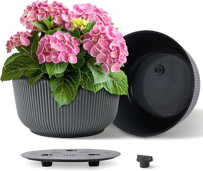 T4U 12 Inch Large Self Watering Plant Pots, Wide Self Watering Planter with Drainage Hole, Large Plant Pots Flower Pot for Plants, Set of 2,Gray T4U
