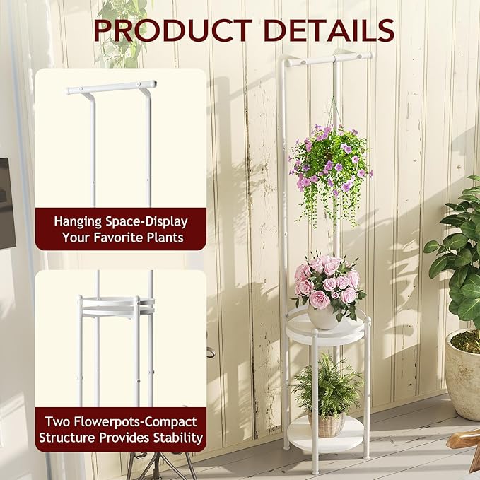 Plant Stand Indoor Outdoor - Heavy Duty Metal 2-tier Hanging Plant Holder Space-Saving Iron Plant Stands Tall Plant Shelf for Living Room Garden Balcony (White) Homsorout