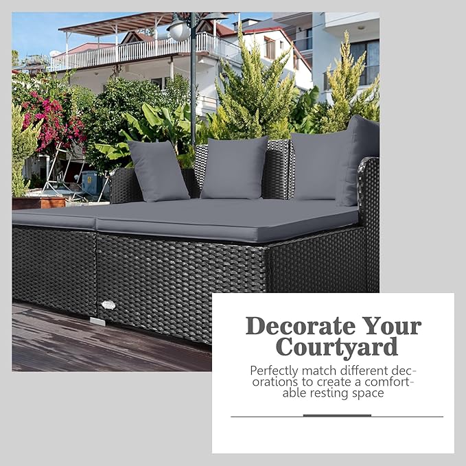 HAPPYGRILL Outdoor Rattan Daybed Patio Loveseat Sofa Set with Padded Cushion Pillows and Sturdy Aluminum Foot Wicker Patio Furniture for Garden Porch Poolside HAPPYGRILL