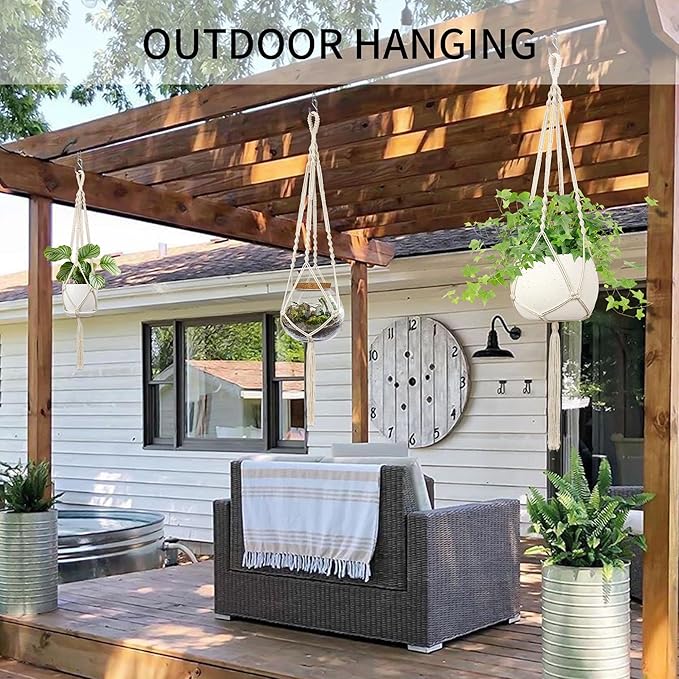 Macrame Plant Hanger - Fits 4 to 13 inches Pots for Indoor Outdoor, 34"/41"/46" 3 Sizes Set, Ivory (POTS NOT Included) IDEEEPAN