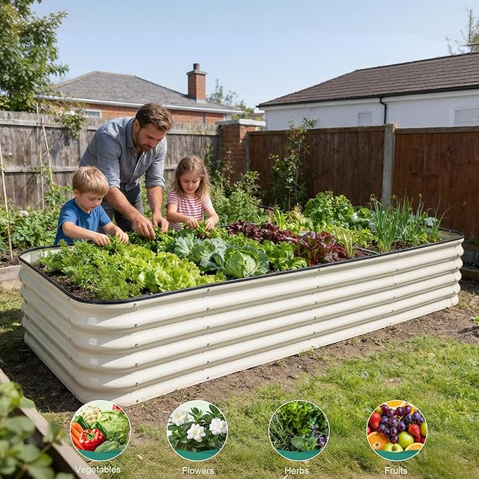 5 in 1Galvanized Raised Garden Bed - 8x3x1.4ft Modular Garden Planter Bed Outdoor | Steel Raised Bed Kit with Bracing Rods, Gloves for Gardening Vegetables Fruits and Flowers - White BIRDSINYARD