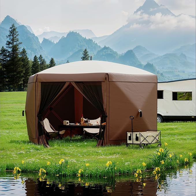 11.5x11.5FT 6-Sided Pop Up Gazebo Tent，One-Push Setup Canopy Tent with Mesh Panels & Removable Wind Cloths, Outdoor shelter for Camping, Backyard Parties, Outdoor Events - Beige & Khaki GarveeLife