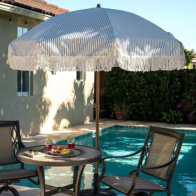 AMMSUN 7ft Patio Umbrella with Fringe Outdoor Tassel Umbrella UPF50+ Premium Steel Pole and Ribs Push Button Tilt, Navy Blue Stripes AMMSUN