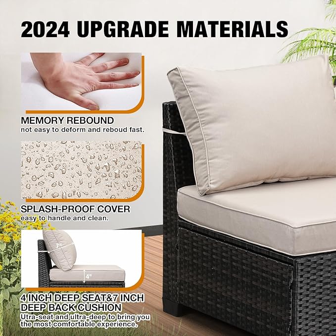 6 Pieces Patio Furniture Set All-Weather Outdoor Wicker Sectional Conversation Sofa Rattan Patio Seating Sofa with Cushion and Glass Table for Porch Poolside,Beige JOYURE