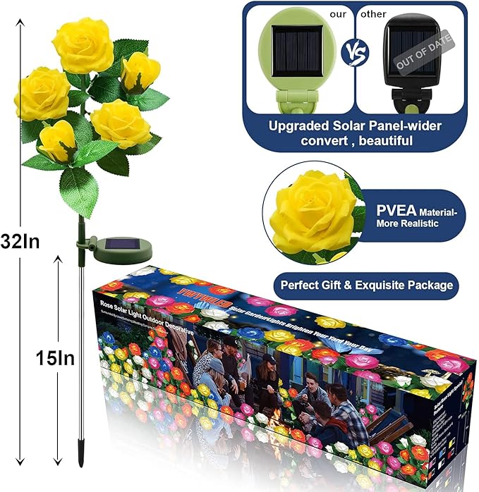 Solar Flower Lights Outdoor - Upgraded New Material Two Modes Realistic LED Solar Powered Waterproof Lights with 5 Roses, Solar Decorative Stake Lights for Garden (Yellow, 1 Pack) LightYourLife
