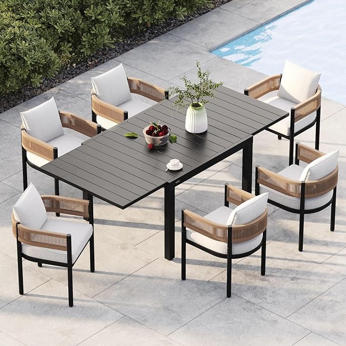 Grand patio 7-Piece Outdoor Dining Set for 6 with 1 Rectangle Expandable Table for 4-6 Person, Metal Woven Wicker Fixed Patio Chairs with Thickened Cushions for Yard, Poolside, Deck (Natural) GrandPatio