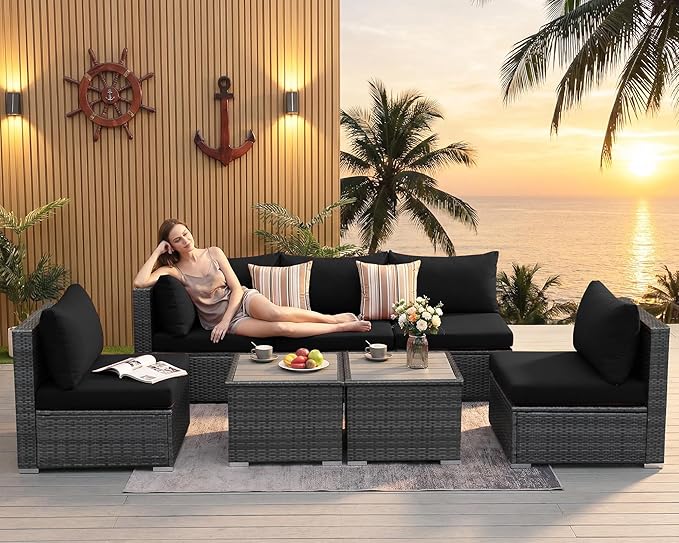 NICESOUL 7 Piece Modern Outdoor Patio Furniture Set, Extra Large Grey Wicker Patio Modular Conversations with Tables, All-Weather Deep Sofa Couches for Backyard Deck, 2 Color Cushion Black & Gray NICESOUL