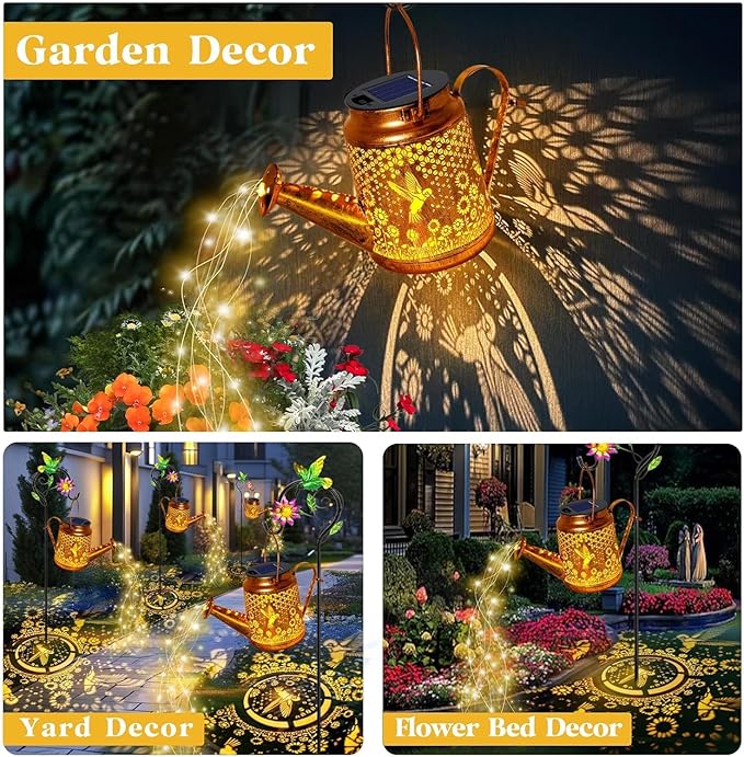 Solar Lanterns Outdoor, Hummingbird Sunflower Watering Can lights, Waterproof Hanging Lanterns, Solar Path Lights, Outside Decoration Gardening Christmas Gifts for Mom Grandma Women with Shepherd Hook YJFWAL