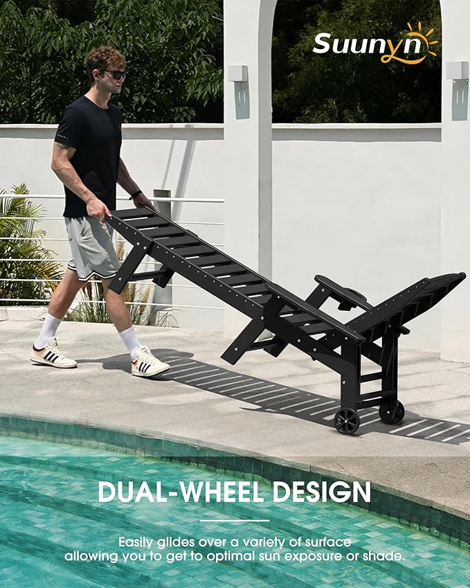 Lounge Chair Outdoor Set of 4 with Wheels, Adjustable 5-Position Chaise Lounge Outdoor, Patio Lounge Chair for Poolside Backyard, Black Suunyn