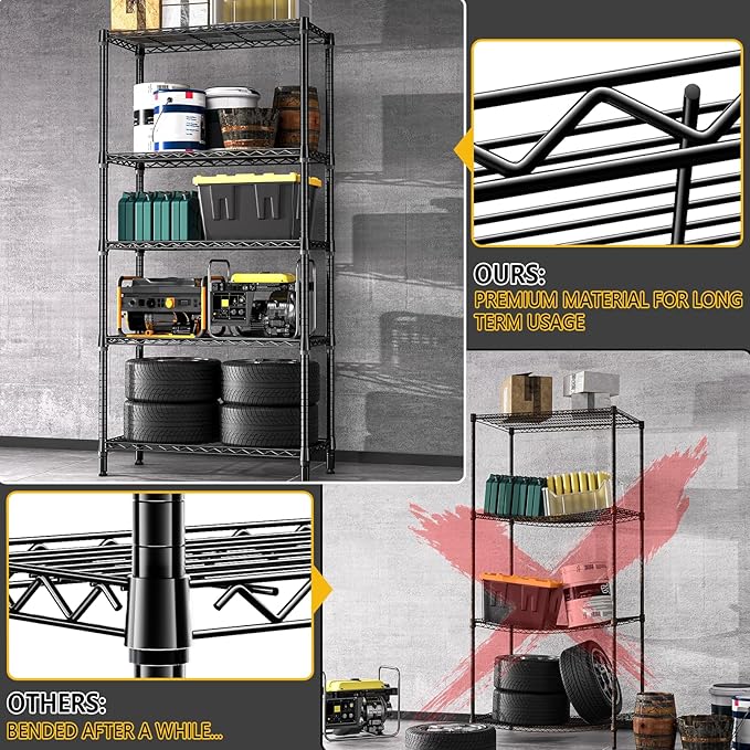 1250 lbs 5 Tier Shelf Metal Storage Shelves Shelving Wire Rack Heavy Duty Closet Organizers for Garage Kitchen Bathroom Laundry Black 13.8" D x 35.4" W x 68.5" H MEIGAOPLASTICANDMETALHKCOLIMITED