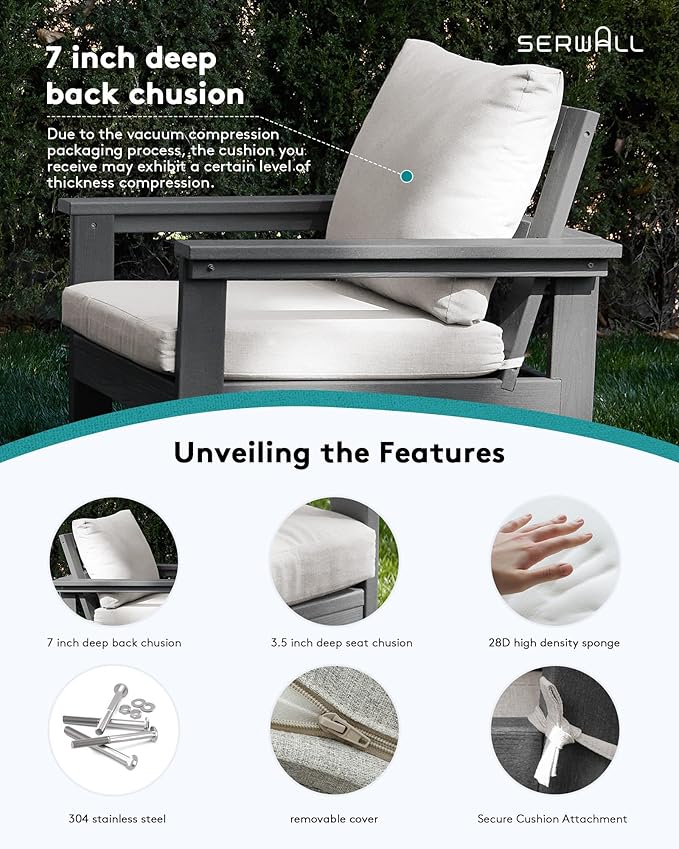 SERWALL HDPE Patio Furniture Set, 7-piece Outdoor Sectional Sofa Set, All Weather Outdoor Couch Set for Deck, Lawn, Grey Frame with Khaki Cushion SERWALL