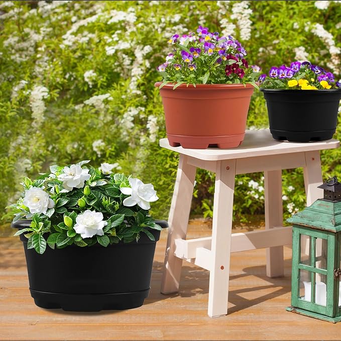 5 Pack 10.5 inch Plant Pots,Planter-Pots-for-Plants，Plastic Flower Pot for Indoor Outdoor Plants with Drainage Holes & Trays, Decorative Garden Containers Sets for Houseplants KPUVX