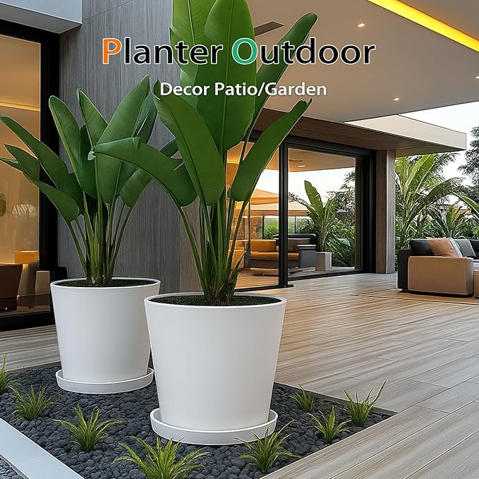 Wide Planters for Outdoor Plants, Extra Large Indoor Flower Pots for Garden, Front Porch, Patio - Round Resin Planter Set of 2 (White, 16 inch - 2 Pack) Heyzier
