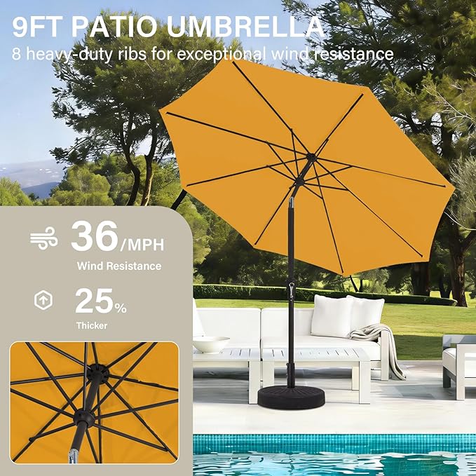 MEWAY 9ft Patio Umbrella Outdoor Table Umbrellas with Push Button Tilt and Crank, Market Umbrella 8 Sturdy Ribs for Deck, Garden, Pool and Backyard, Sun Orange MEWAY