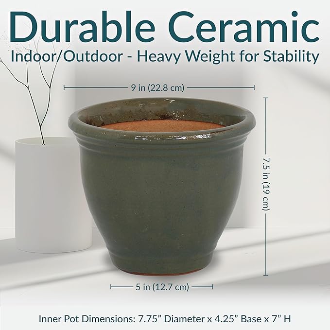 Sunnydaze Round Ceramic Planter - Set of 2 Indoor or Outdoor Plant Pots with Drainage Hole - Studio - 9" - Gray Glaze SunnydazeDecor