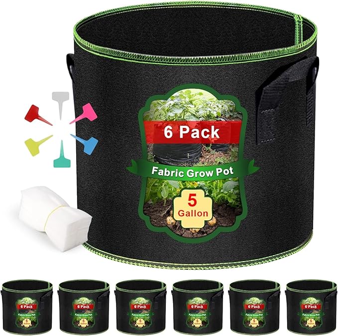5 Gallon Fabric Grow Bags 6-Pack, Thickened Aeration Planter Bags with Handles Plant Tags Seedling Bags for Outdoor Indoor Vegetable Garden, Black Createagardenyoulove