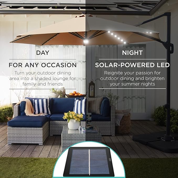 Best Choice Products 10ft Solar LED Cantilever Patio Umbrella, 360-Degree Rotation Hanging Offset Market Outdoor Sun Shade for Backyard, Deck, Poolside w/Lights, Easy Tilt, Cross Base BestChoiceProducts