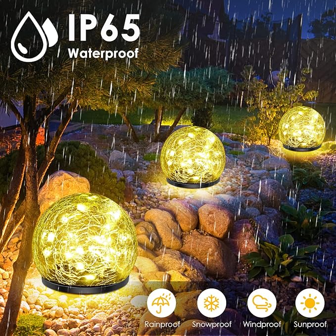 Solar Garden Lights, 2 Pack 80 LED Cracked Glass Solar Globe Lights Outdoor Decoration, Upgraded Waterproof Warm White Ball Lights for Yard Pathway Patio Lawn Christmas Outside Decor, 5.9" Keevvon