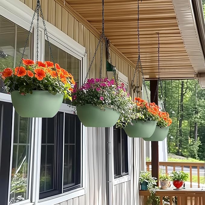 T4U 12 Inch Hanging Planters for Indoor Outdoor Plants, 2 Pack Plastic Hanging Planter, Indoor Hanging Plant Pots, Hanging Basket with Drainage Holes, Flower Pots for Garden Home Decor, Green T4U