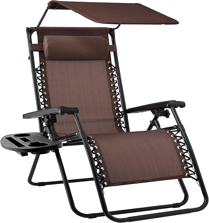 Best Choice Products Folding Zero Gravity Outdoor Recliner Patio Lounge Chair w/Adjustable Canopy Shade, Headrest, Side Accessory Tray, Textilene Mesh - Brown BestChoiceProducts