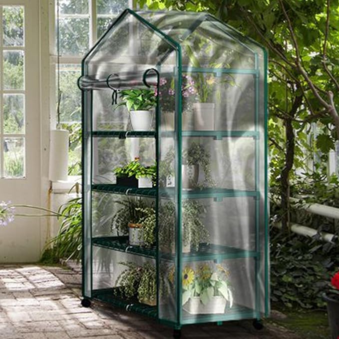 4 Tier Mini Greenhouse - Portable Greenhouse with Locking Wheels and PVC Cover for Indoor or Outdoor - 27 x 19 x 63-Inch Green House by Pure Garden Home-Complete