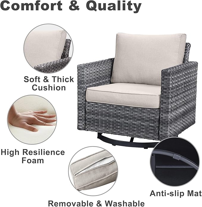 Belord 7 PCS Outdoor Furniture Set, Mixed Grey Wicker, Beige Cushion, Includes Swivel Rocker Chairs, Sofa, Ottomans, Water-Resistant Belord