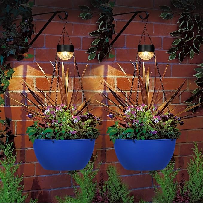 SUNNYPARK 2 Packs Hanging Planters Basket for Outdoor Plants, Solar Powered Self Watering Blue Round Plastic Flower Pots with Drainer for Balcony Patio Garden Outdoor Decoration SUNNYPARK