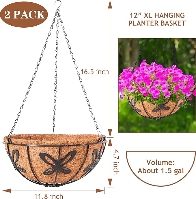 Hanging Baskets Planter for Plants, 2 Pack 12 Inch Round Metal Wire Hanging Flower Pots with Coco Coir Liner Chain, Plant Holder for Home Garden Balcony Decor ARVINKEY