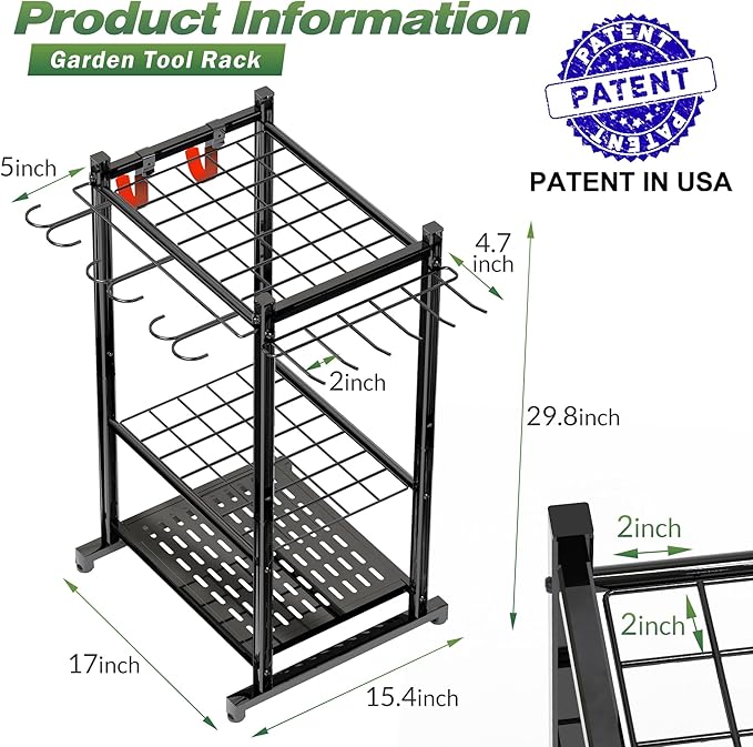 Garden Tool Organizer Rack Up to 50 Tools, Heavy-Duty Steel Yard Tool Organizer for Garage Storage with 11 Hooks, Broom Holder & Garden Tool Rack for Shed, Patio, Outdoor Use, Black Sttoraboks