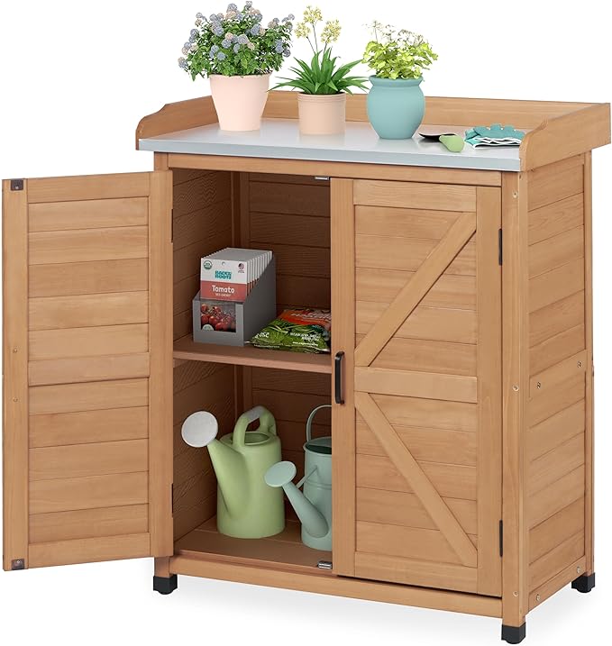Outdoor Storage Cabinet & Potting Bench Table with Metal Top, Wooden Patio Furniture, Garden Workstation (Light Brwon, 39x31.5x17in) OutdoorFurniture
