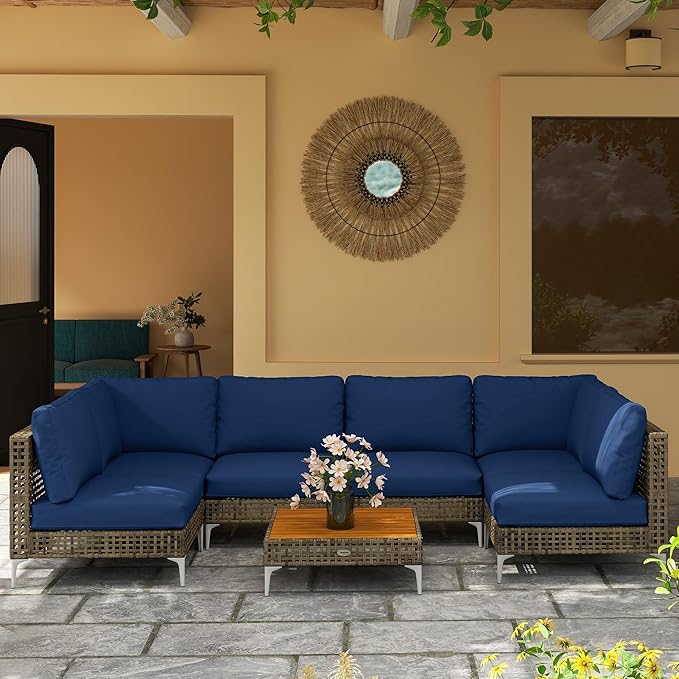 Outsunny 7 Piece Wicker Patio Furniture Set, Modular Outdoor Sectional with Thickened Cushions, Rattan Outdoor Furniture Conversation Set with Slatted Acacia Wood Table for Backyard, Brown/Dark Blue Outsunny
